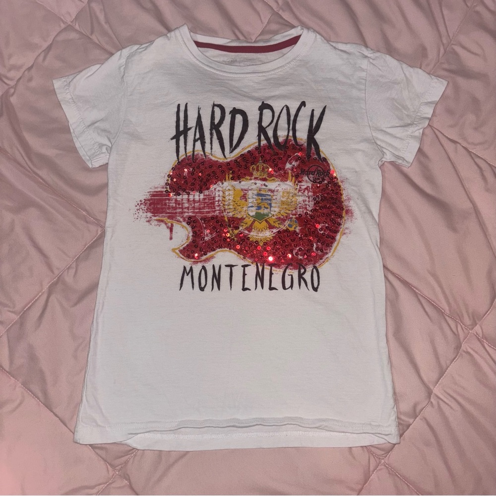 White Hard Rock Cafe “Montenegro” Sequin Guitar Graphic Baby Tee
